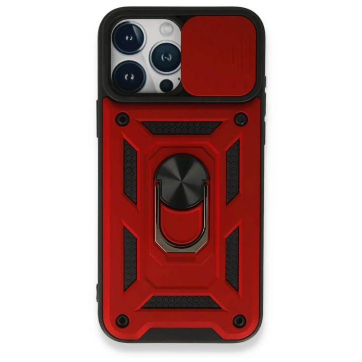 Mey İthalat®  iPhone 15 Pro Kılıf Pars Lens Yüzüklü Silikon - Kırmızı