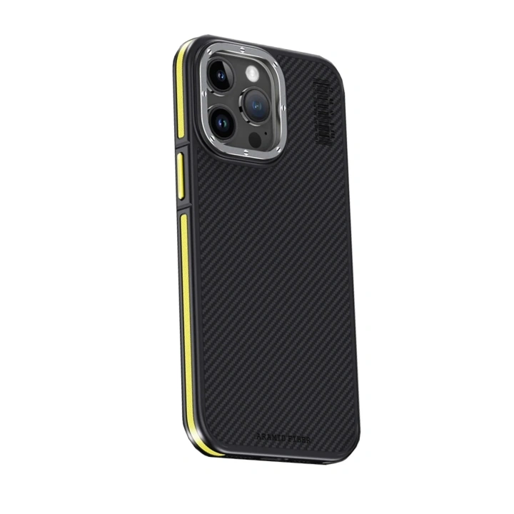 Mey İthalat®  iPhone 15 Pro Max Kılıf Aramid 600D Kevlar Karbon Fiber Magsafe Kapak - Sarı