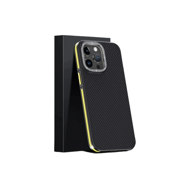 Mey İthalat®  iPhone 15 Pro Max Kılıf Aramid 600D Kevlar Karbon Fiber Magsafe Kapak - Sarı