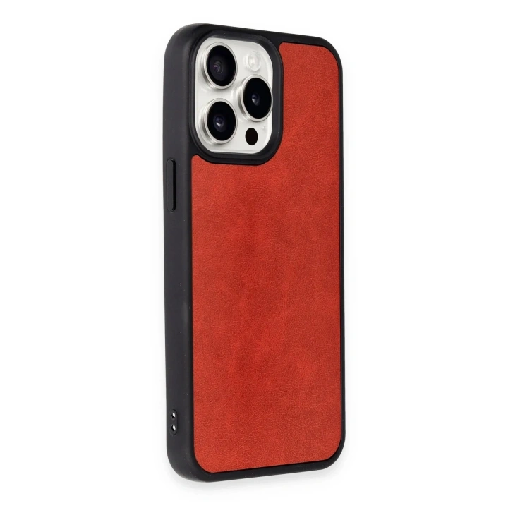 Mey İthalat®  iPhone 15 Pro Max Kılıf Aras Deri Kapak - Kırmızı