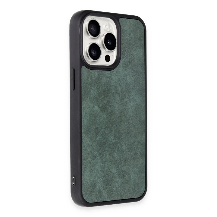 Mey İthalat®  iPhone 15 Pro Max Kılıf Aras Deri Kapak - Koyu Yeşil