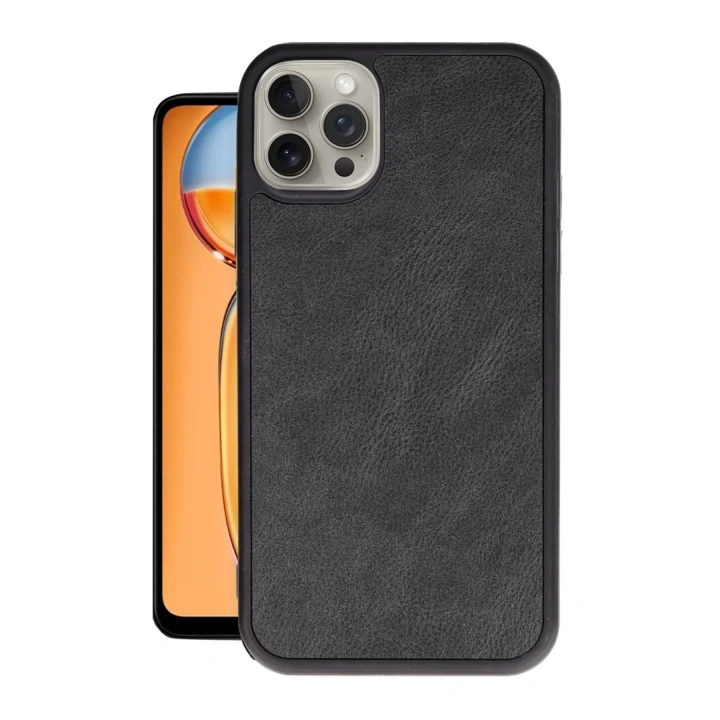 Mey İthalat®  iPhone 15 Pro Max Kılıf Aras Deri Kapak - Siyah