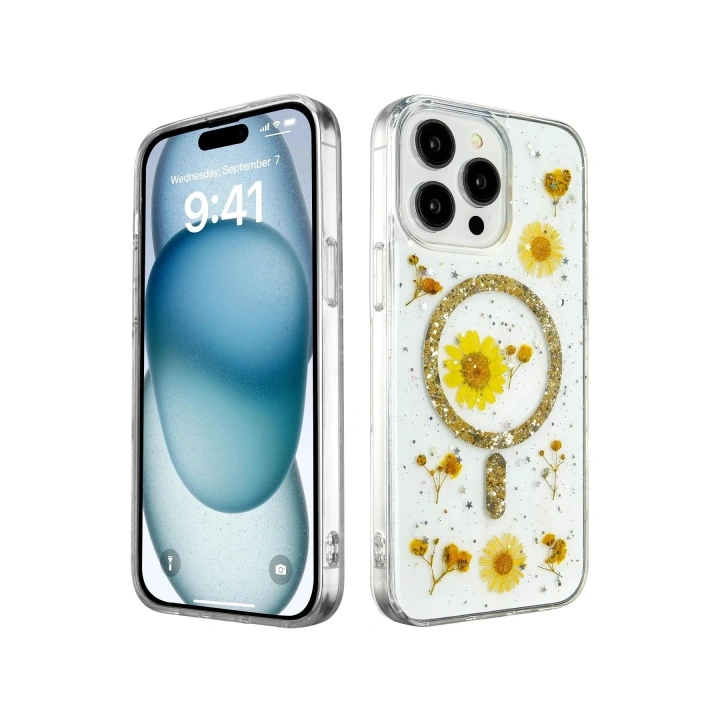 Mey İthalat®  iPhone 15 Pro Max Kılıf Daisy Simli Magsafe Kapak - Gold