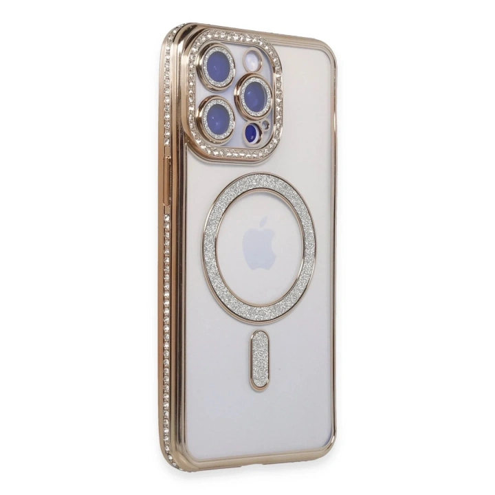 Mey İthalat®  iPhone 15 Pro Max Kılıf Joke Simli Magneticsafe Kılıf - Gold