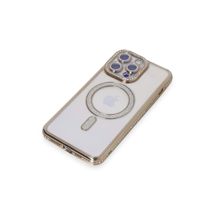 Mey İthalat®  iPhone 15 Pro Max Kılıf Joke Simli Magneticsafe Kılıf - Gold