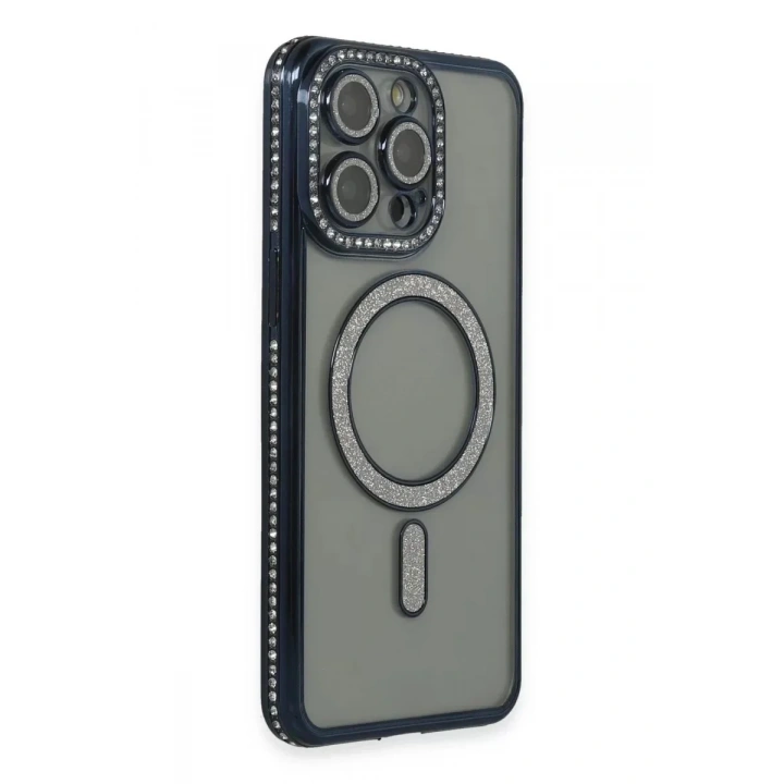 Mey İthalat®  iPhone 15 Pro Max Kılıf Joke Simli Magneticsafe Kılıf - Lacivert