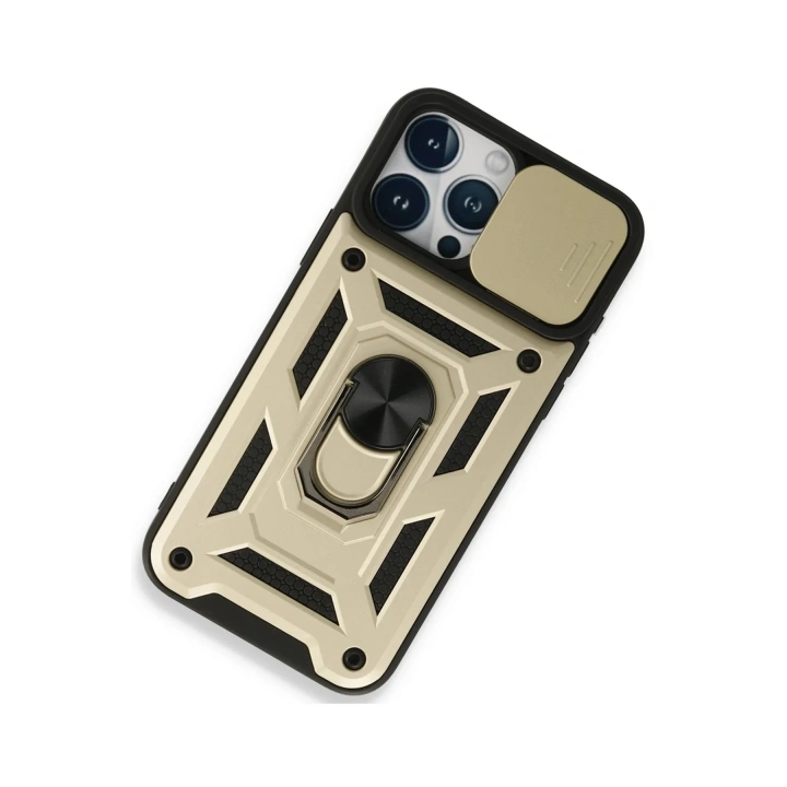 Mey İthalat®  iPhone 15 Pro Max Kılıf Pars Lens Yüzüklü Silikon - Gold