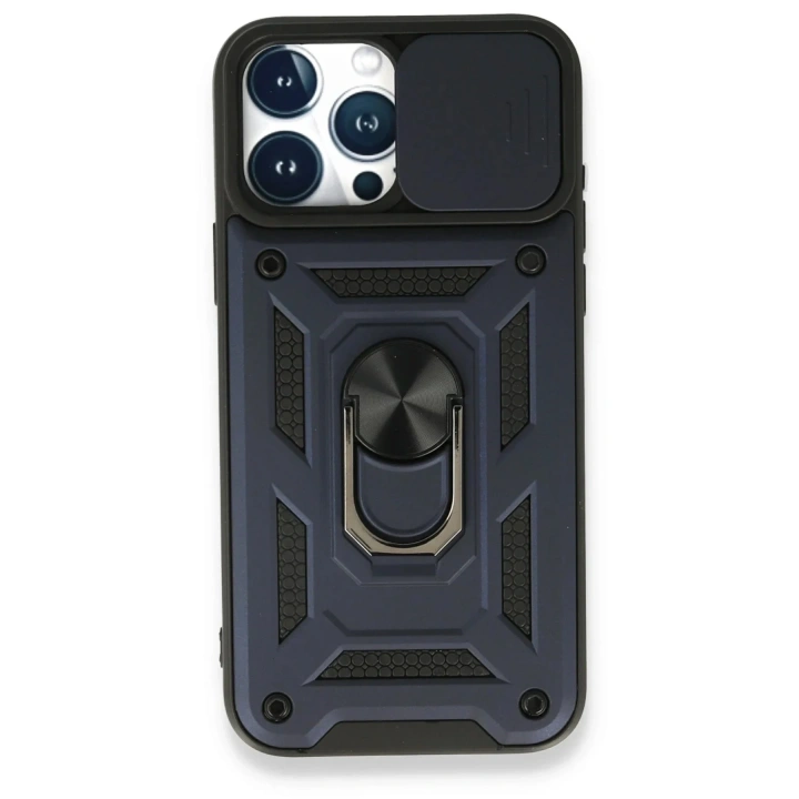 Mey İthalat®  iPhone 15 Pro Max Kılıf Pars Lens Yüzüklü Silikon - Lacivert