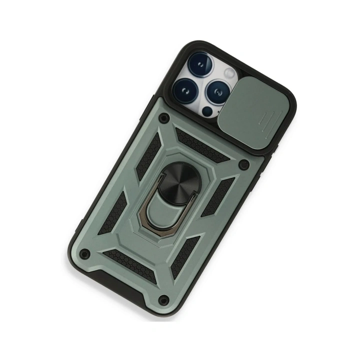 Mey İthalat®  iPhone 15 Pro Max Kılıf Pars Lens Yüzüklü Silikon - Yeşil