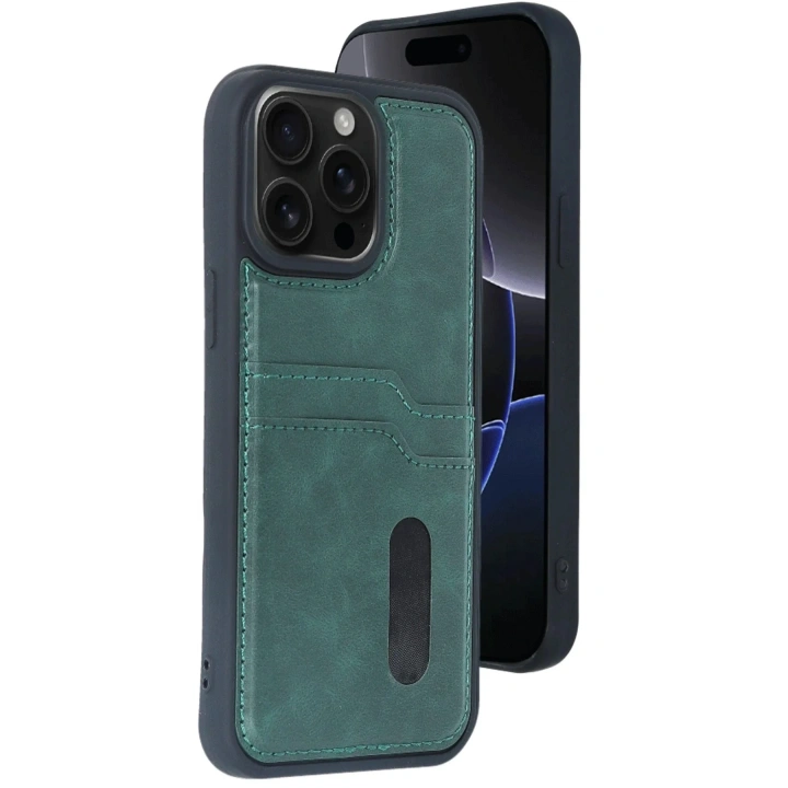 Mey İthalat®  iPhone 15 Pro Max Kılıf Sara Kartvizitli Deri Kılıf - Koyu Yeşil
