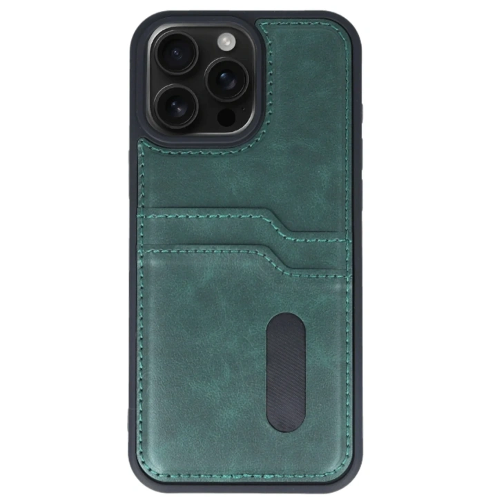 Mey İthalat®  iPhone 15 Pro Max Kılıf Sara Kartvizitli Deri Kılıf - Koyu Yeşil