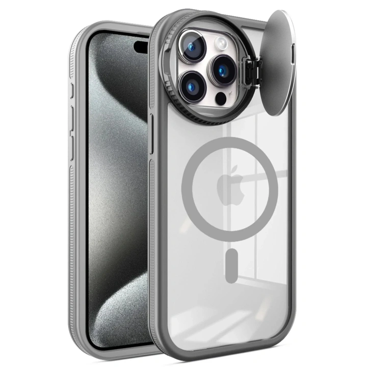 Mey İthalat®  iPhone 15 Pro Max Kılıf Teleskop Lens Magsafe Silikon Kapak - Titan Gri