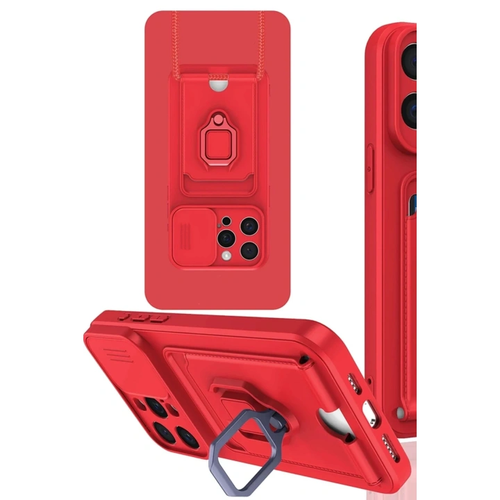 Mey İthalat®  iPhone 15 Pro Max Kılıf Zuma Kartvizitli Yüzüklü Silikon - Kırmızı