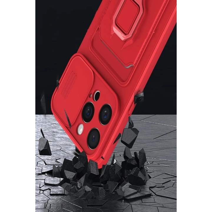 Mey İthalat®  iPhone 15 Pro Max Kılıf Zuma Kartvizitli Yüzüklü Silikon - Kırmızı