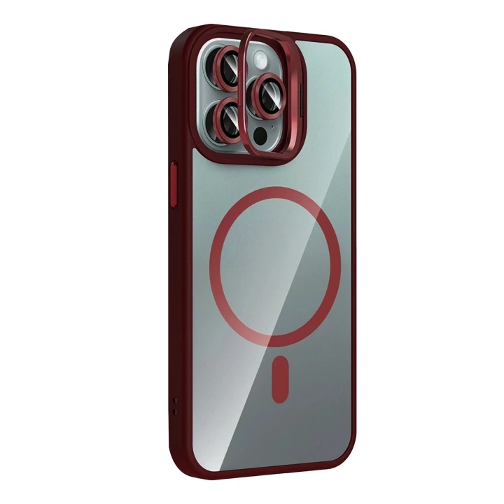 Mey İthalat®   iPhone 15 Pro Max Remim Lensli Magsafe Standlı Kapak - Bordo
