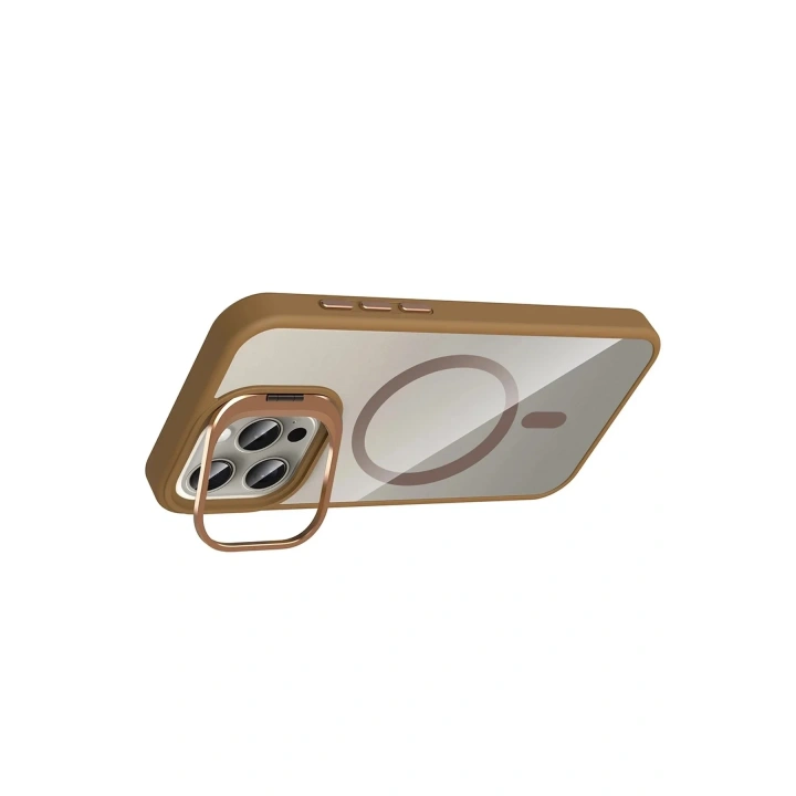 Mey İthalat®   iPhone 15 Pro Max Remim Lensli Magsafe Standlı Kapak - Kahverengi