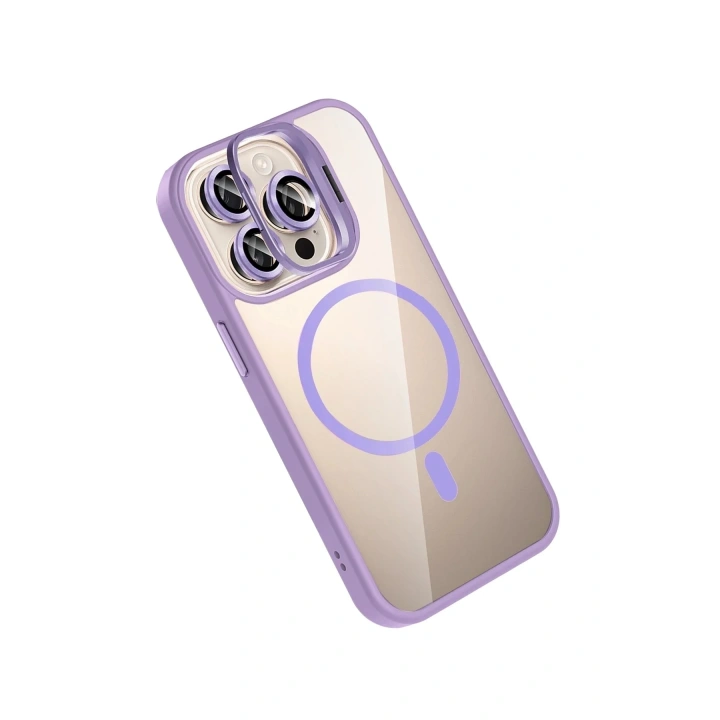Mey İthalat®   iPhone 15 Pro Max Remim Lensli Magsafe Standlı Kapak - Lila