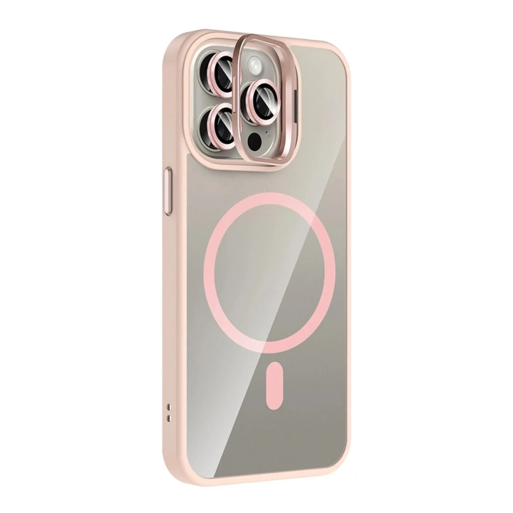 Mey İthalat®   iPhone 15 Pro Max Remim Lensli Magsafe Standlı Kapak - Pembe