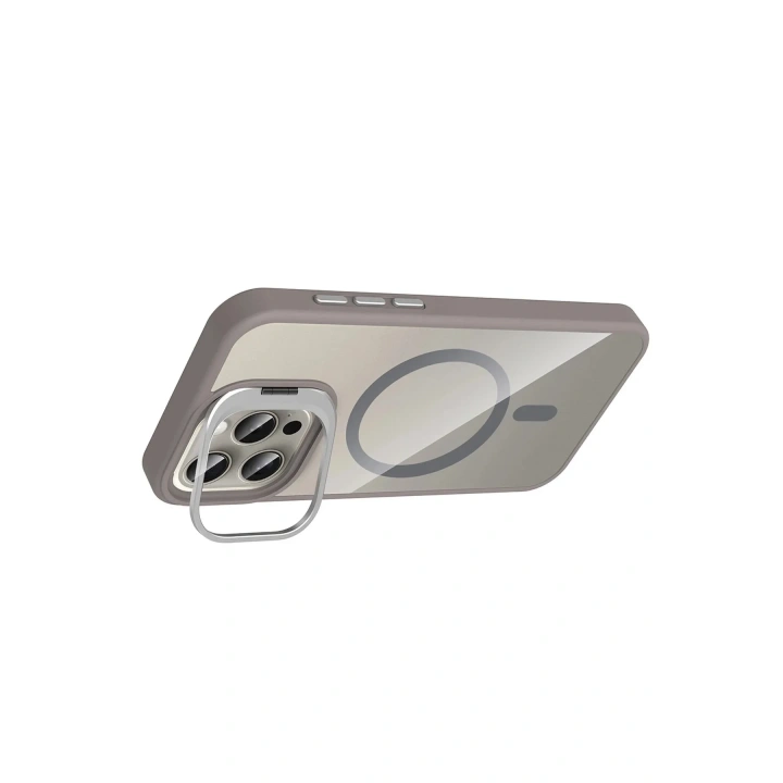 Mey İthalat®   iPhone 15 Pro Max Remim Lensli Magsafe Standlı Kapak - Titan Gri