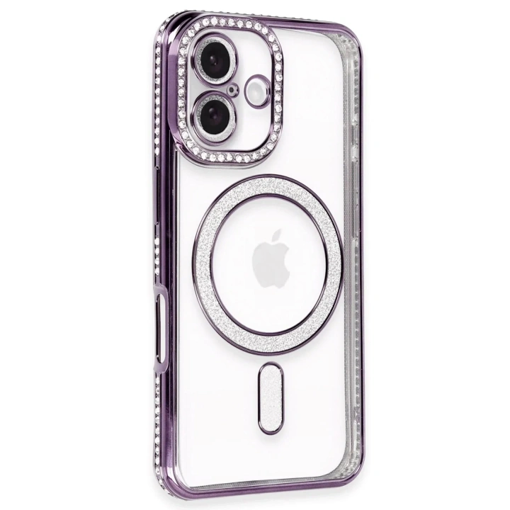 Mey İthalat®  iPhone 16 Kılıf Joke Simli Magneticsafe Kılıf - Derin Mor