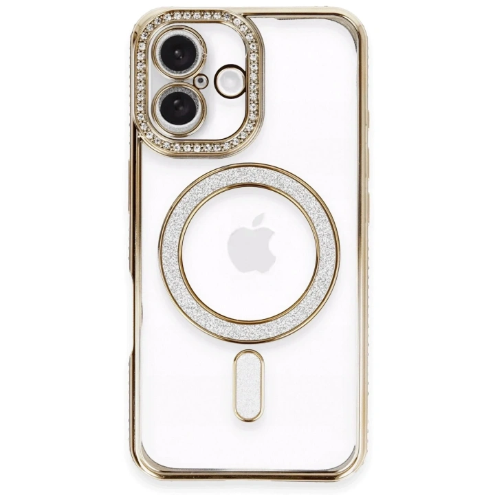 Mey İthalat®  iPhone 16 Kılıf Joke Simli Magneticsafe Kılıf - Gold