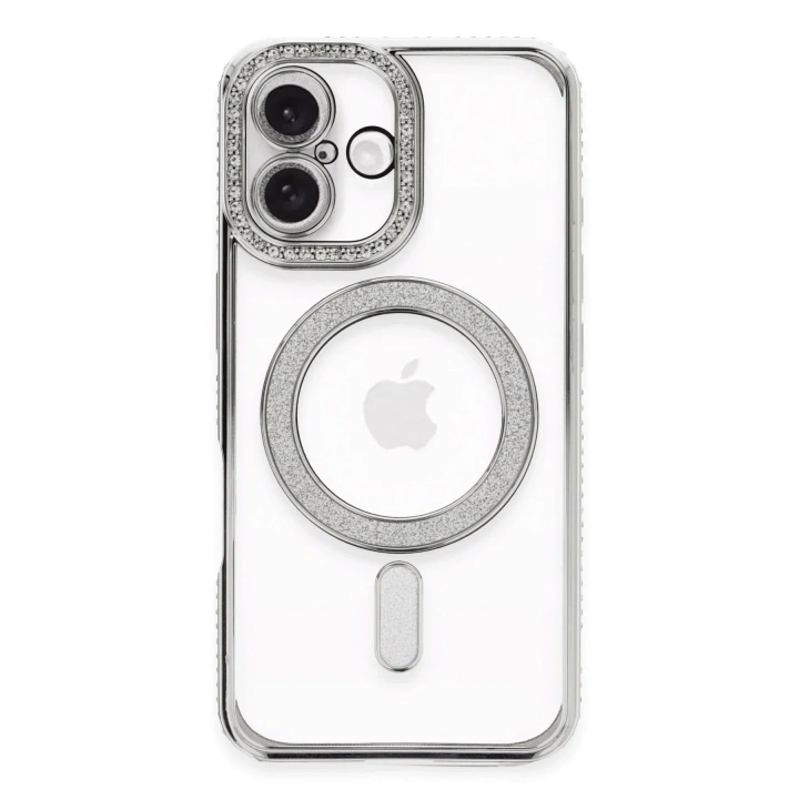 Mey İthalat®  iPhone 16 Kılıf Joke Simli Magneticsafe Kılıf - Gümüş
