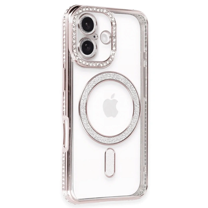 Mey İthalat®  iPhone 16 Kılıf Joke Simli Magneticsafe Kılıf - Pembe