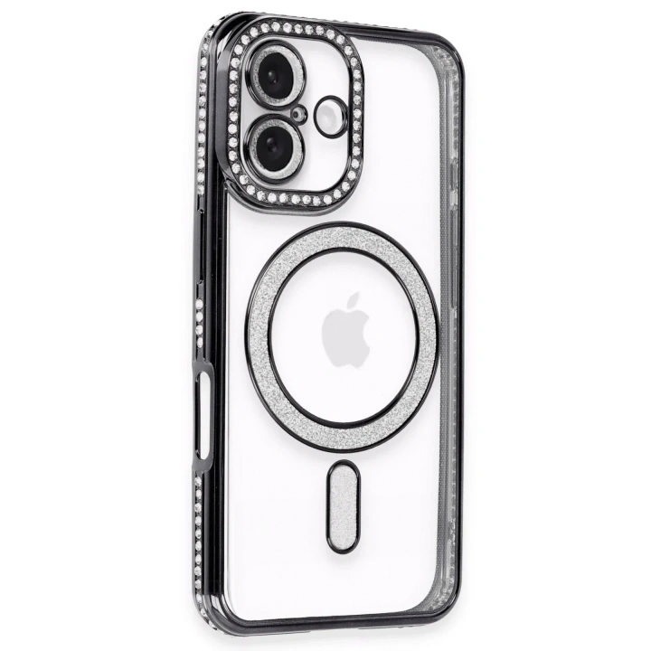 Mey İthalat®  iPhone 16 Kılıf Joke Simli Magneticsafe Kılıf - Siyah