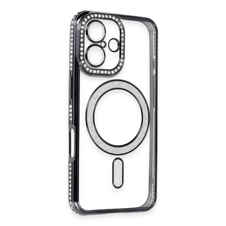 Mey İthalat®  iPhone 16 Kılıf Joke Simli Magneticsafe Kılıf - Siyah
