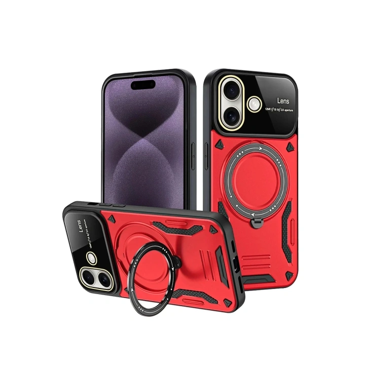 Mey İthalat®  iPhone 16 Kılıf Joy Lens Standlı Kapak - Kırmızı