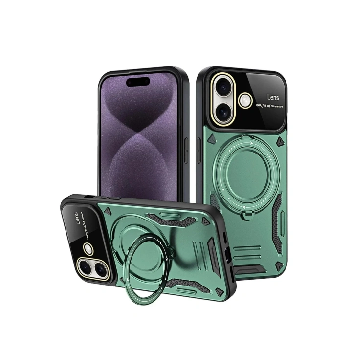 Mey İthalat®  iPhone 16 Kılıf Joy Lens Standlı Kapak - Koyu Yeşil