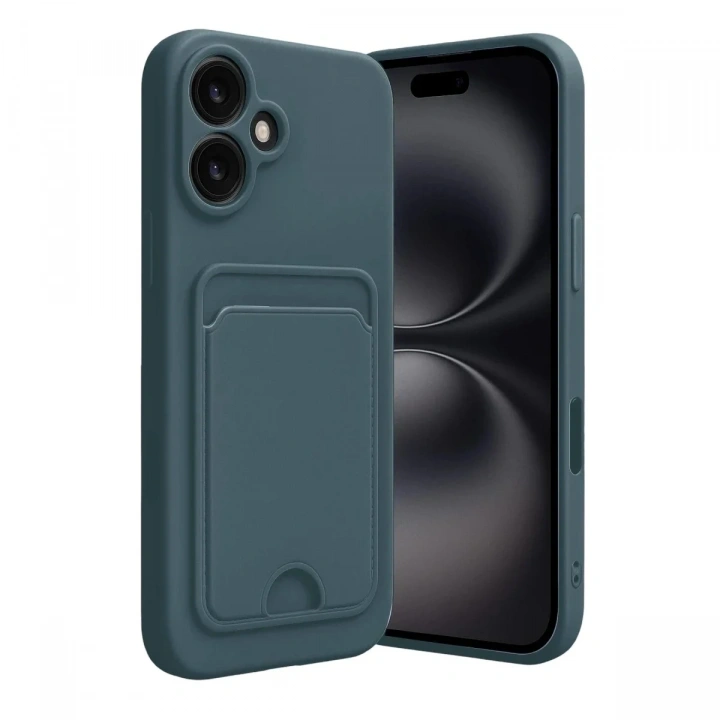 Mey İthalat®  iPhone 16 Kılıf Kelvin Kartvizitli Silikon - Koyu Yeşil
