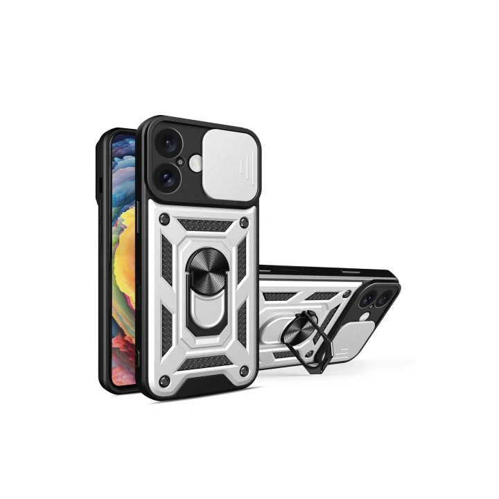Mey İthalat®  iPhone 16 Kılıf Pars Lens Yüzüklü Silikon - Gümüş