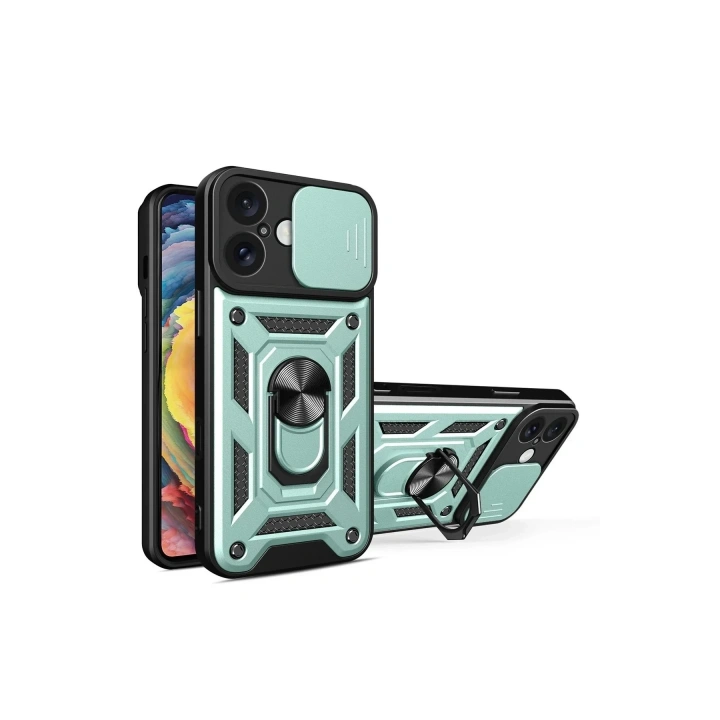 Mey İthalat®  iPhone 16 Kılıf Pars Lens Yüzüklü Silikon - Yeşil