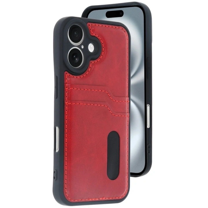 Mey İthalat®  iPhone 16 Kılıf Sara Kartvizitli Deri Kılıf - Kırmızı