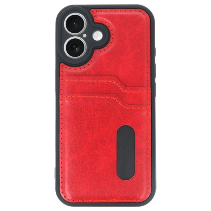 Mey İthalat®  iPhone 16 Kılıf Sara Kartvizitli Deri Kılıf - Kırmızı