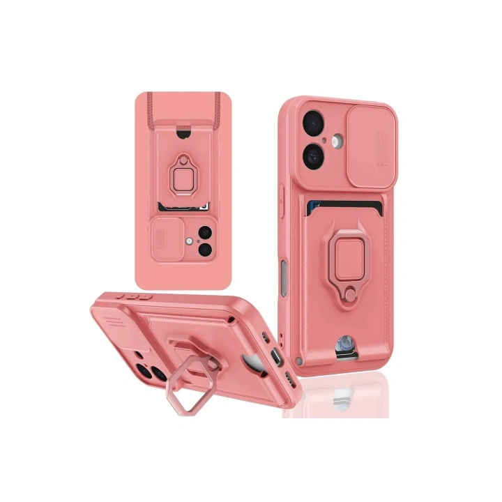 Mey İthalat®  iPhone 16 Kılıf Zuma Kartvizitli Yüzüklü Silikon - Pembe