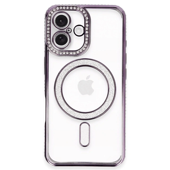 Mey İthalat®  iPhone 16 Plus Kılıf Joke Simli Magneticsafe Kılıf - Derin Mor