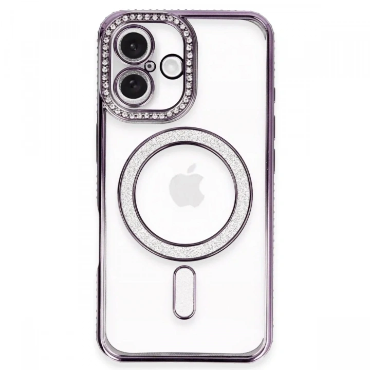 Mey İthalat®  iPhone 16 Plus Kılıf Joke Simli Magneticsafe Kılıf - Derin Mor