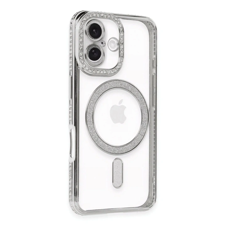 Mey İthalat®  iPhone 16 Plus Kılıf Joke Simli Magneticsafe Kılıf - Gümüş