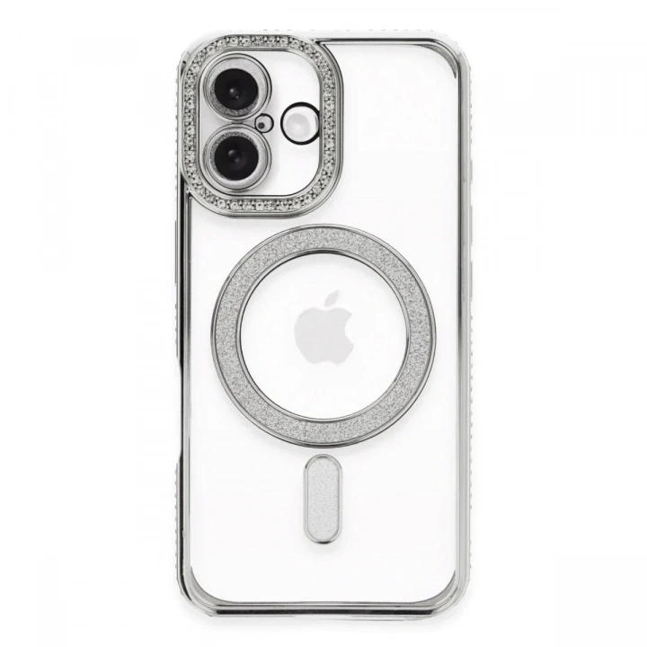 Mey İthalat®  iPhone 16 Plus Kılıf Joke Simli Magneticsafe Kılıf - Gümüş