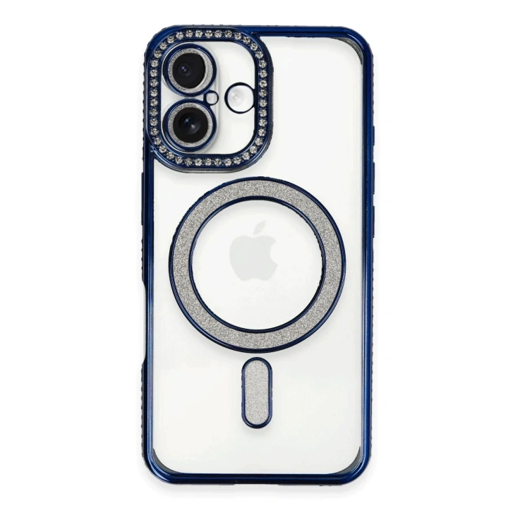 Mey İthalat®  iPhone 16 Plus Kılıf Joke Simli Magneticsafe Kılıf - Lacivert