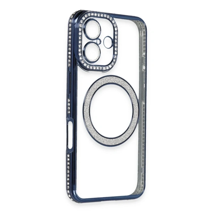 Mey İthalat®  iPhone 16 Plus Kılıf Joke Simli Magneticsafe Kılıf - Lacivert