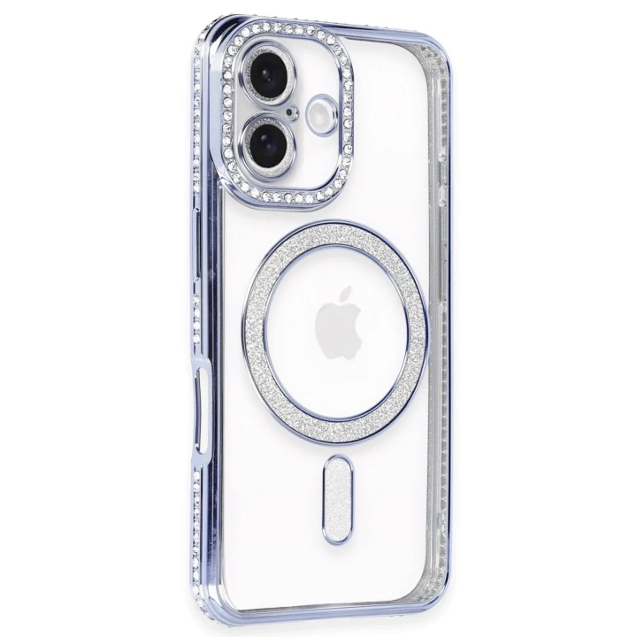Mey İthalat®  iPhone 16 Plus Kılıf Joke Simli Magneticsafe Kılıf - Mavi