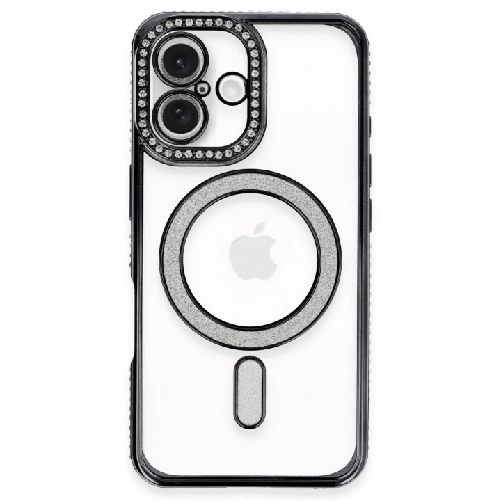Mey İthalat®  iPhone 16 Plus Kılıf Joke Simli Magneticsafe Kılıf - Siyah