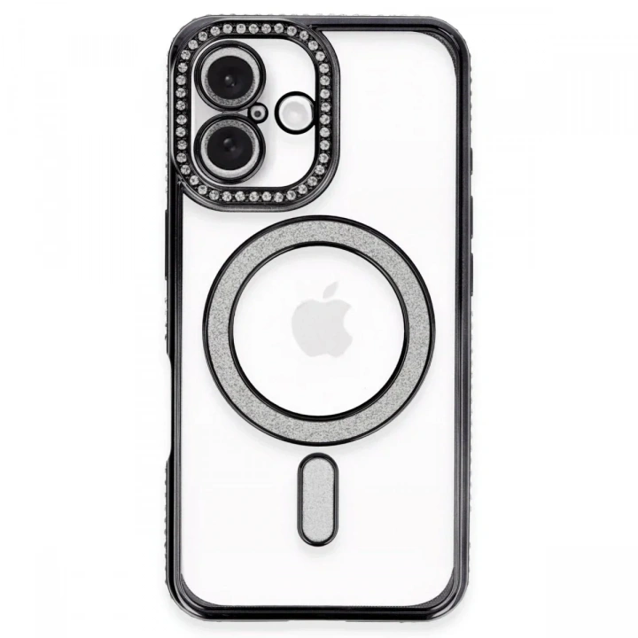 Mey İthalat®  iPhone 16 Plus Kılıf Joke Simli Magneticsafe Kılıf - Siyah