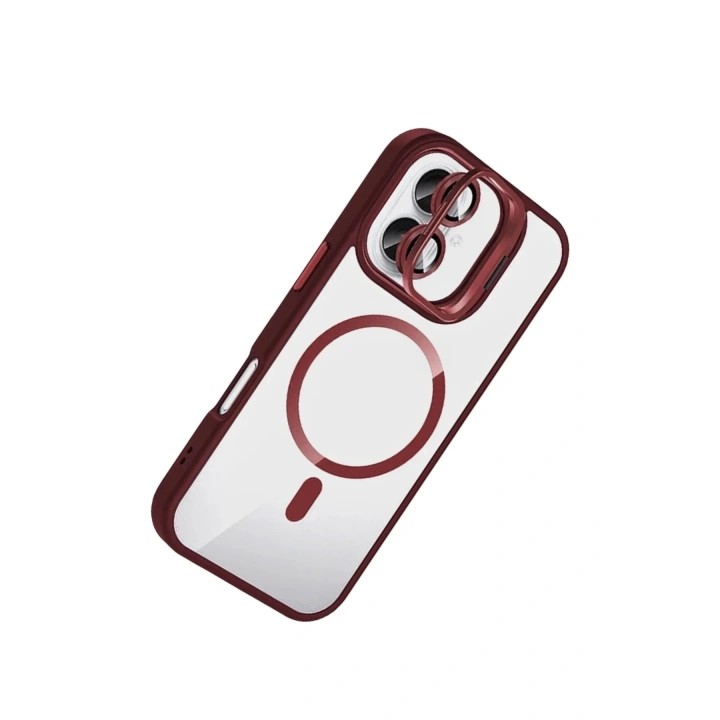 Mey İthalat®   iPhone 16 Plus Remim Lensli Magsafe Standlı Kapak - Bordo