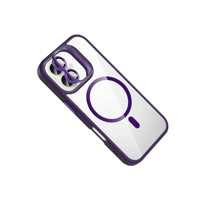 Mey İthalat®   iPhone 16 Plus Remim Lensli Magsafe Standlı Kapak - Derin Mor