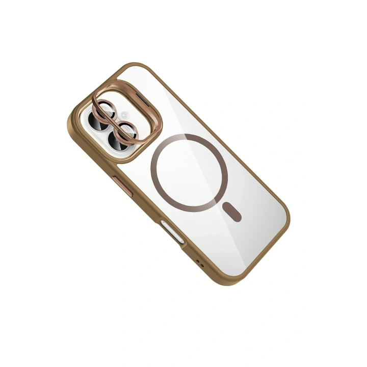 Mey İthalat®   iPhone 16 Plus Remim Lensli Magsafe Standlı Kapak - Kahverengi