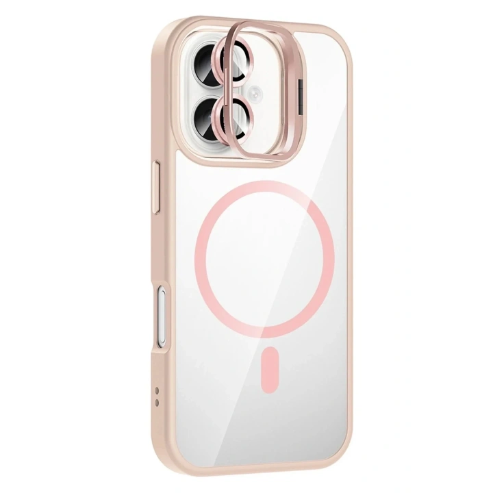 Mey İthalat®   iPhone 16 Plus Remim Lensli Magsafe Standlı Kapak - Pembe